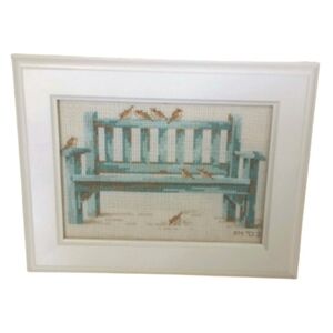 Cross Stitch Picture Teal Blue Bird Bench Y2K Cottagecore